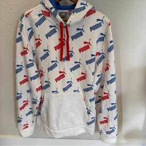 PUMA Men's White Hoodie with Red and Blue Logo Pattern